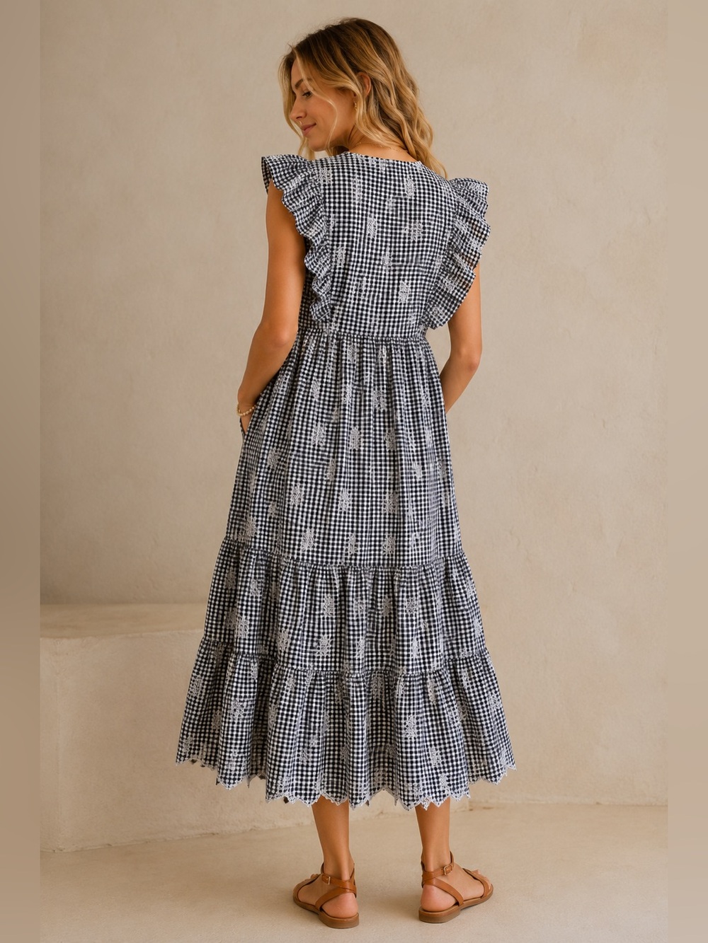 #239 Cotton Black & White Gingham Tiered Maxi Dress with Lace Trim - Picture 3 of 3